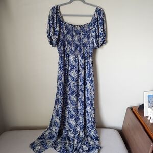 Blue Paisley Midi Dress with Puff Sleeves